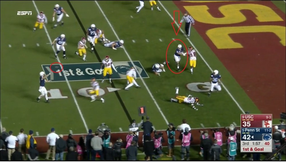 Ball clearly just left QB's hand. The Center is about half a yard vertically away from the receiver that catches the eventual TD pass.